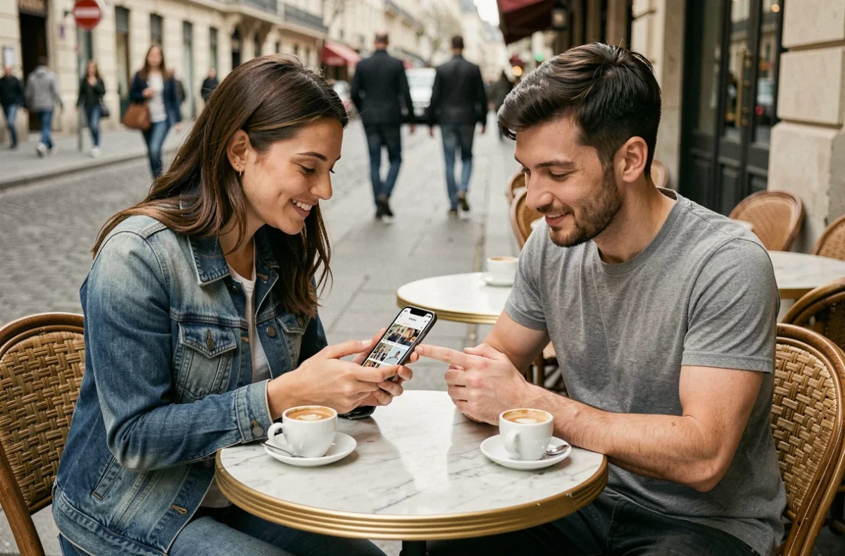 Deux amis comparant la consultation de stories Snapchat sans compte sur Android et iPhone dans un café parisien