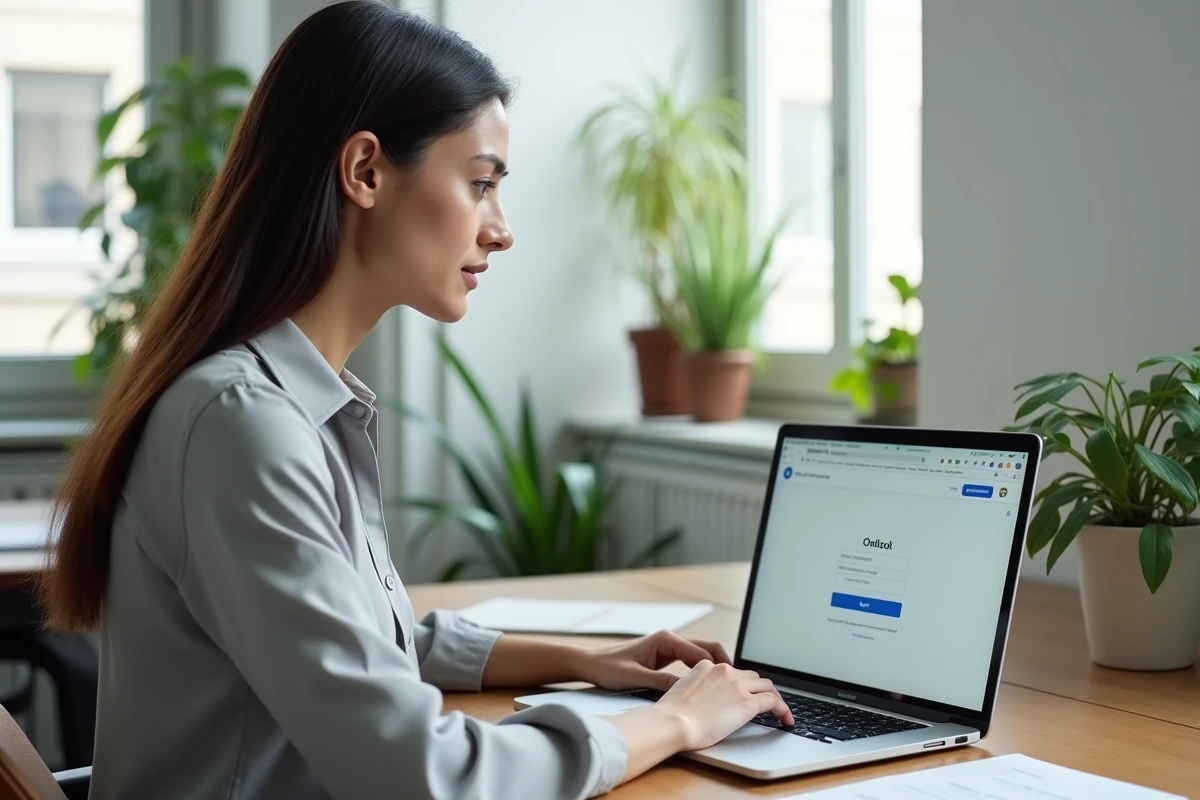 Femme configurant une adresse mail Versailles sur Outlook depuis un ordinateur portable dans un bureau moderne