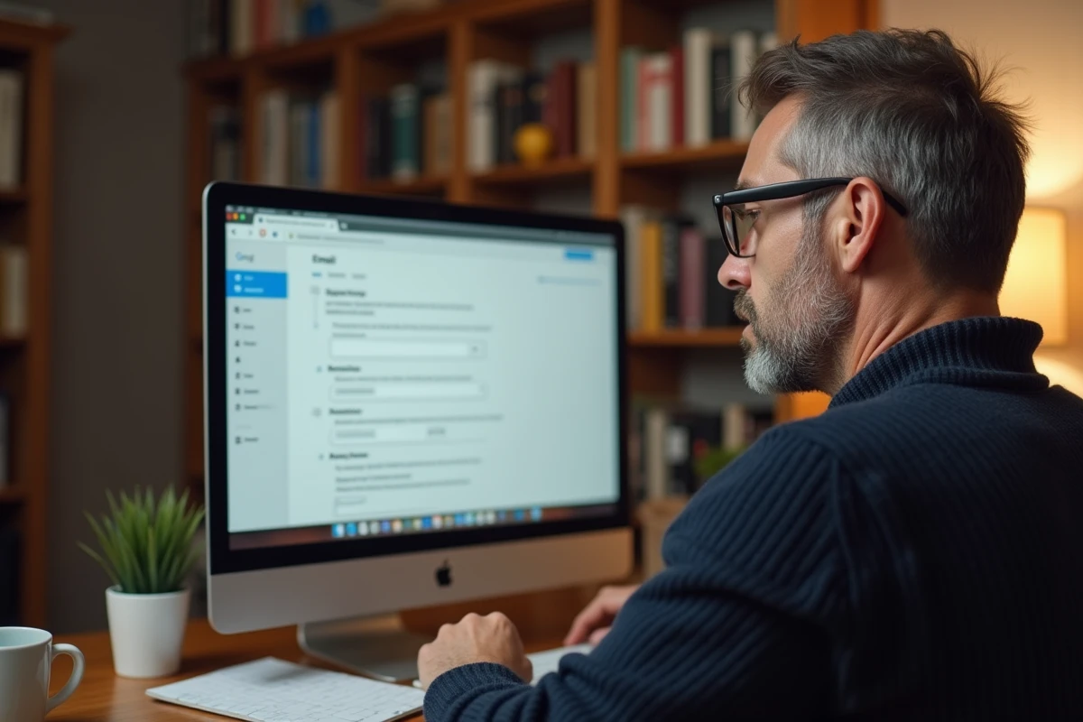 Homme configurant une adresse mail Versailles sur Gmail depuis un ordinateur de bureau à domicile