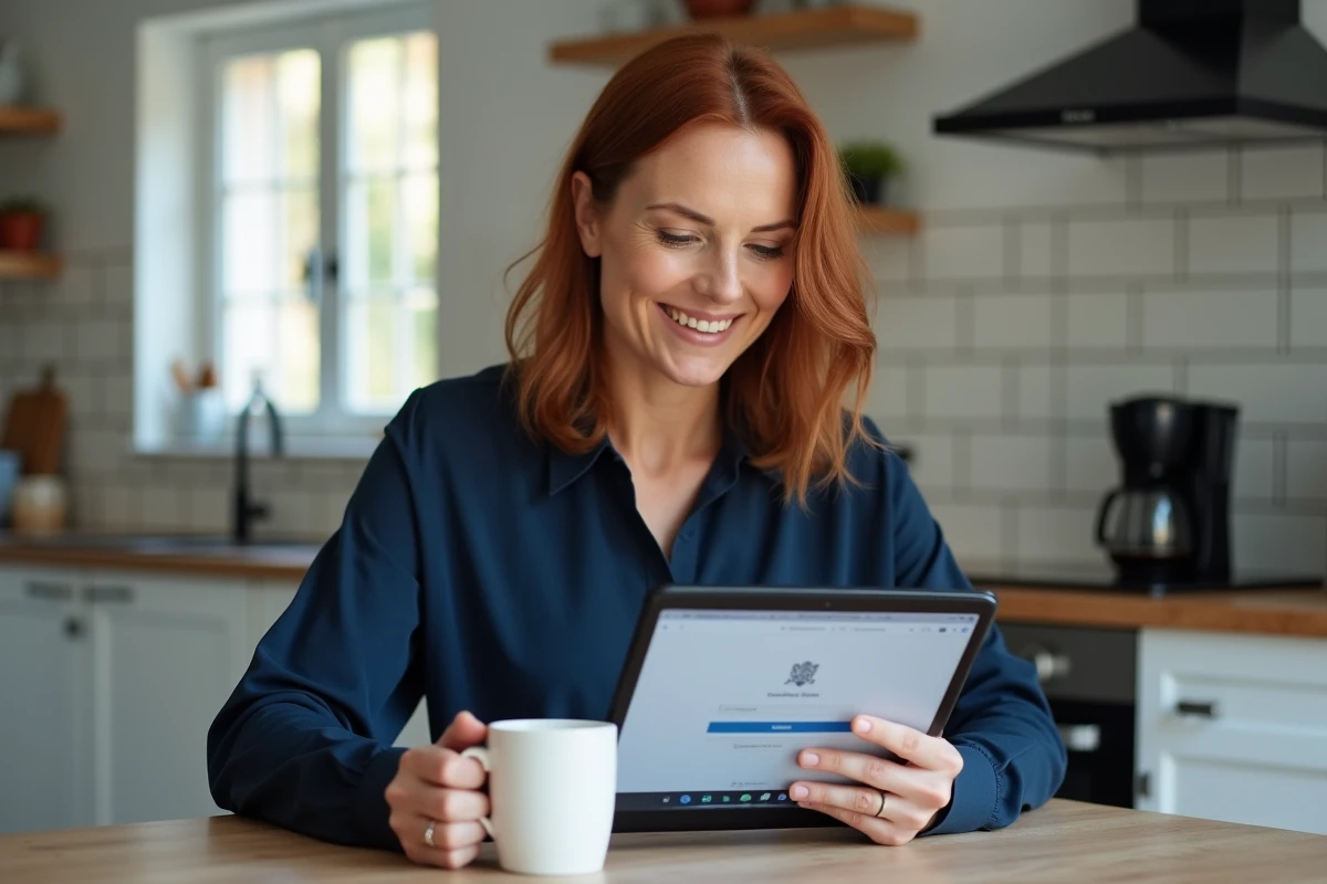 Femme accédant à son webmail Rouen depuis chez elle sur une tablette dans la cuisine