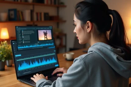 Femme convertissant une vidéo en MP4 avec conservation des sous-titres sur un logiciel de conversion vidéo