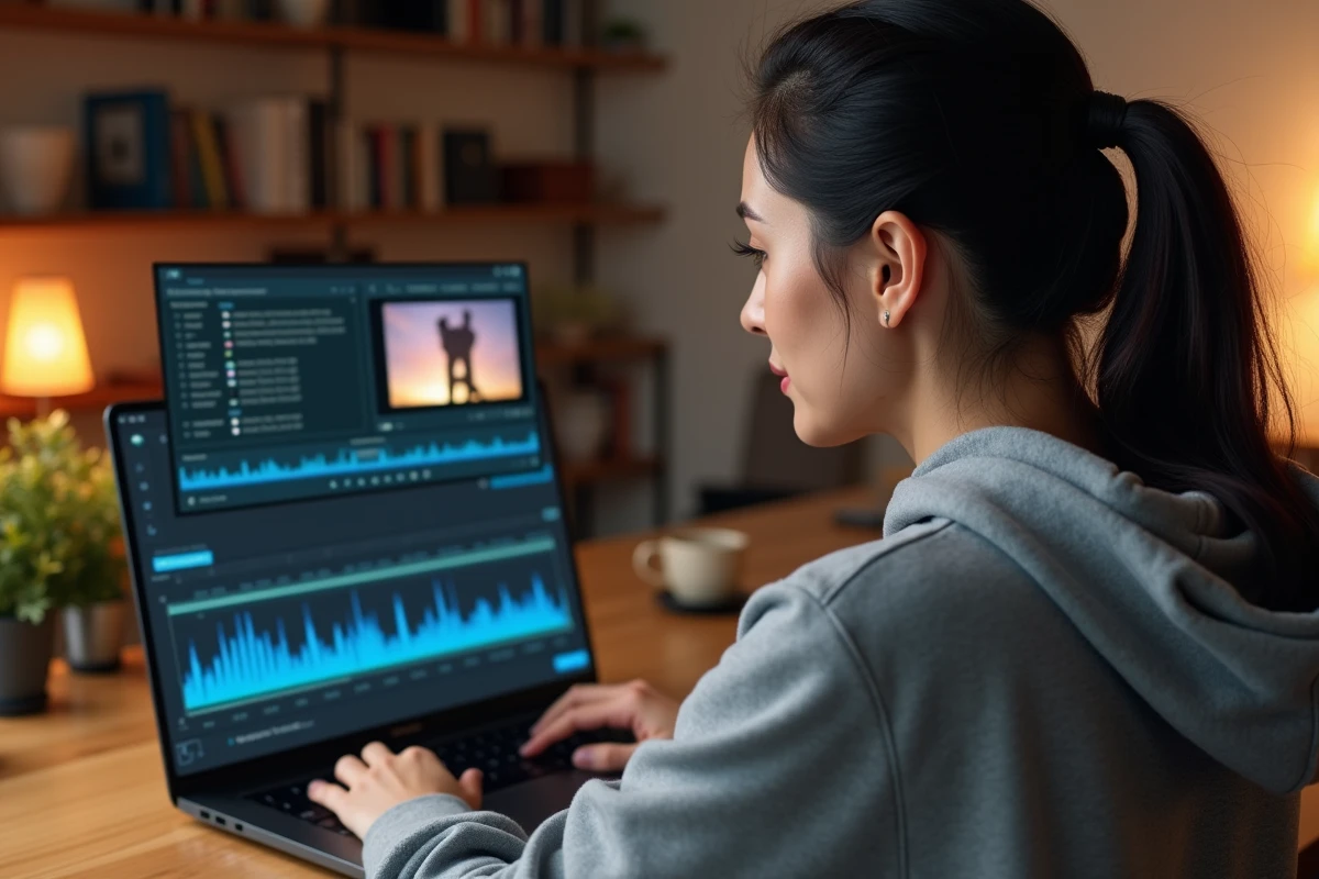 Femme convertissant une vidéo en MP4 avec conservation des sous-titres sur un logiciel de conversion vidéo