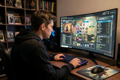 Joueur débutant sur Path of Exile 2 analysant un arbre de compétences pour optimiser son build sur grand écran ultrawide
