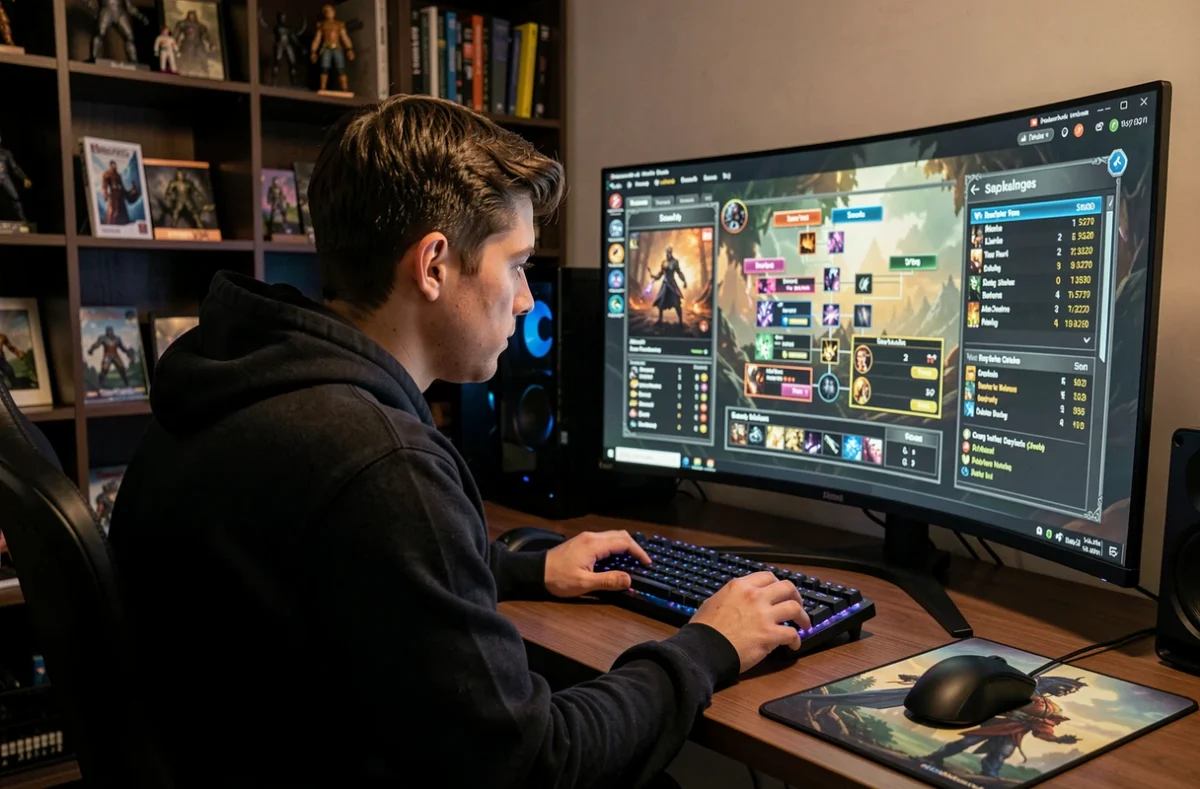 Joueur débutant sur Path of Exile 2 analysant un arbre de compétences pour optimiser son build sur grand écran ultrawide