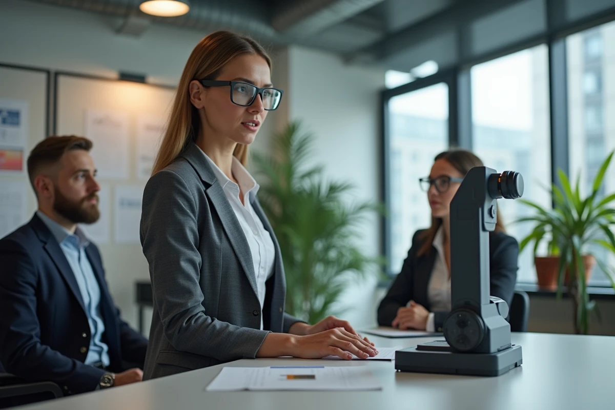 Femme spécialiste en automation montre un robot à ses collègues