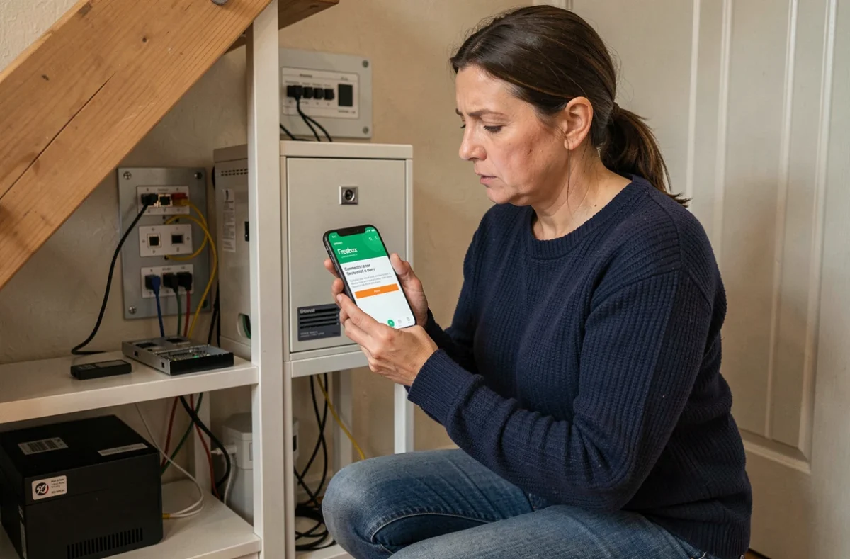Femme vérifiant une erreur Freebox OS sur smartphone près d'une armoire réseau domestique
