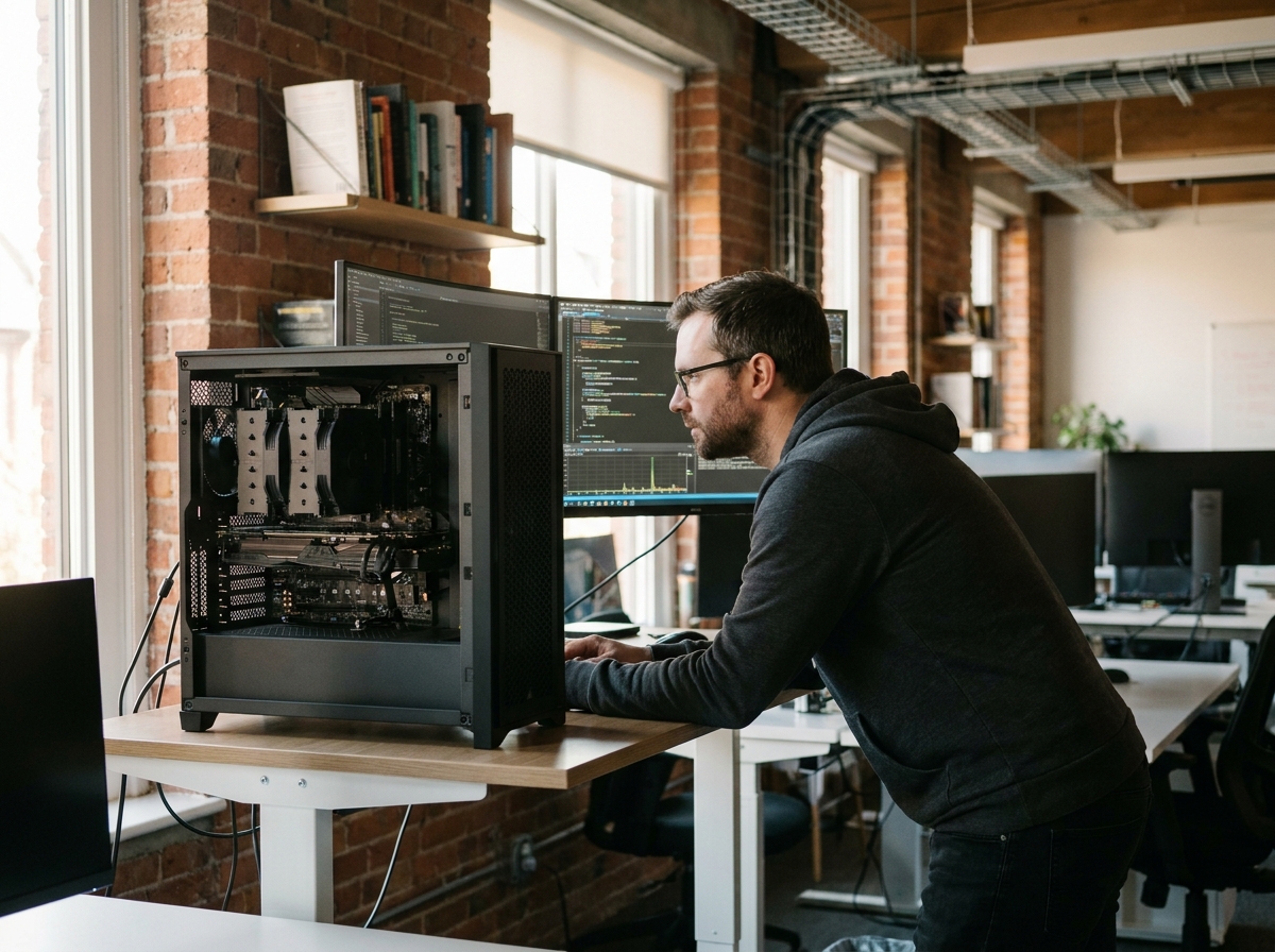 Développeur informatique travaillant sur un PC de bureau avec processeur i5 visible dans un boîtier ouvert, bureau moderne avec plusieurs écrans affichant des benchmarks de performance
