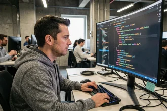 Développeur Python analysant du code XML sur un écran ultrawide dans un bureau tech moderne en 2026