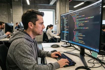 Développeur Python analysant du code XML sur un écran ultrawide dans un bureau tech moderne en 2026