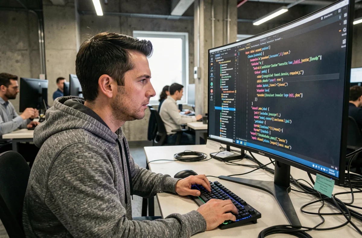 Développeur Python analysant du code XML sur un écran ultrawide dans un bureau tech moderne en 2026