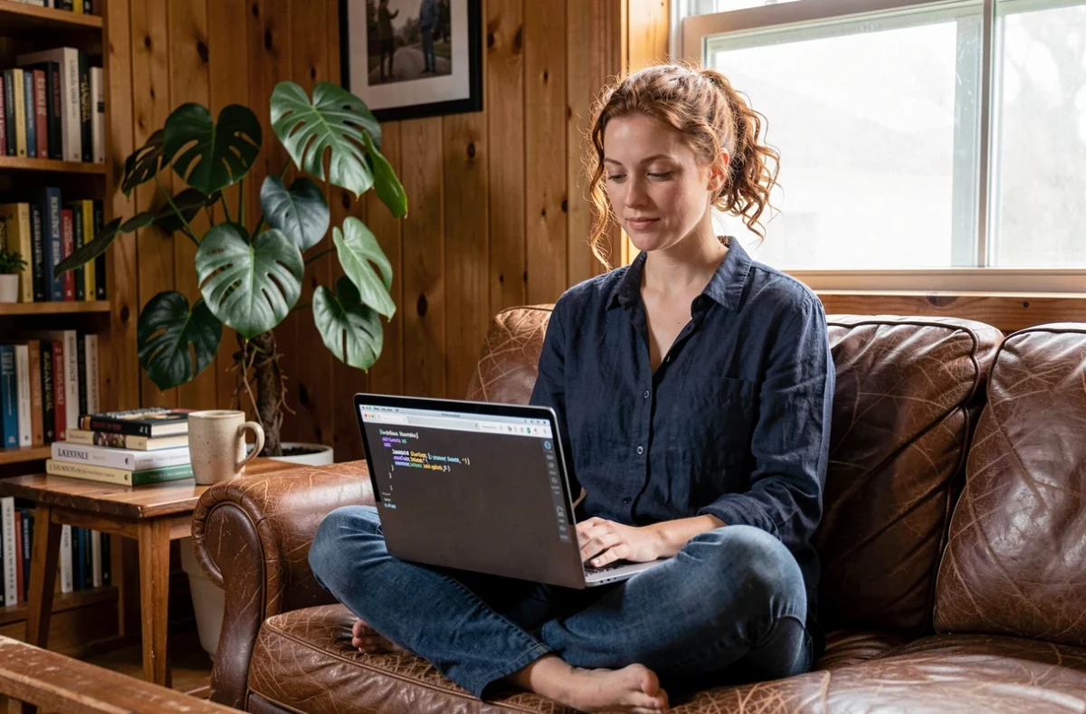 Développeuse data science travaillant avec Python et XML sur son laptop depuis son bureau à domicile