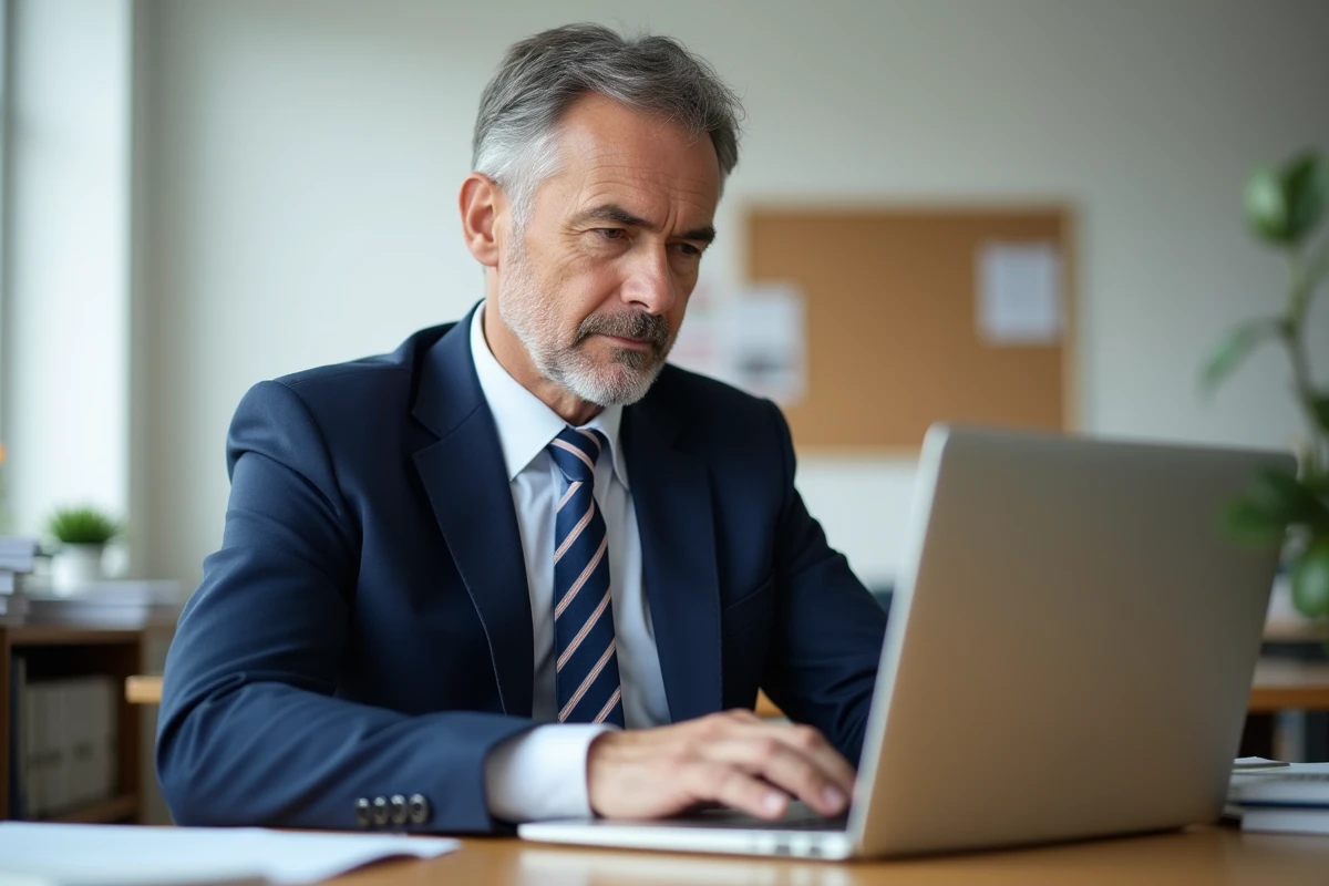 Directeur d'école en costume bleu utilisant son ordinateur