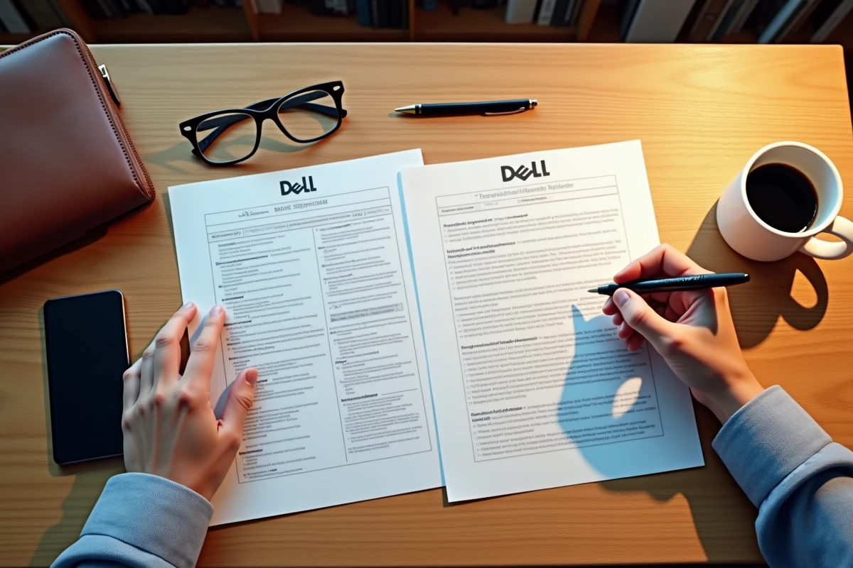 Documents corporatifs Dell Incorporated et Dell Technologies posés sur un bureau en bois avec annotations manuscrites