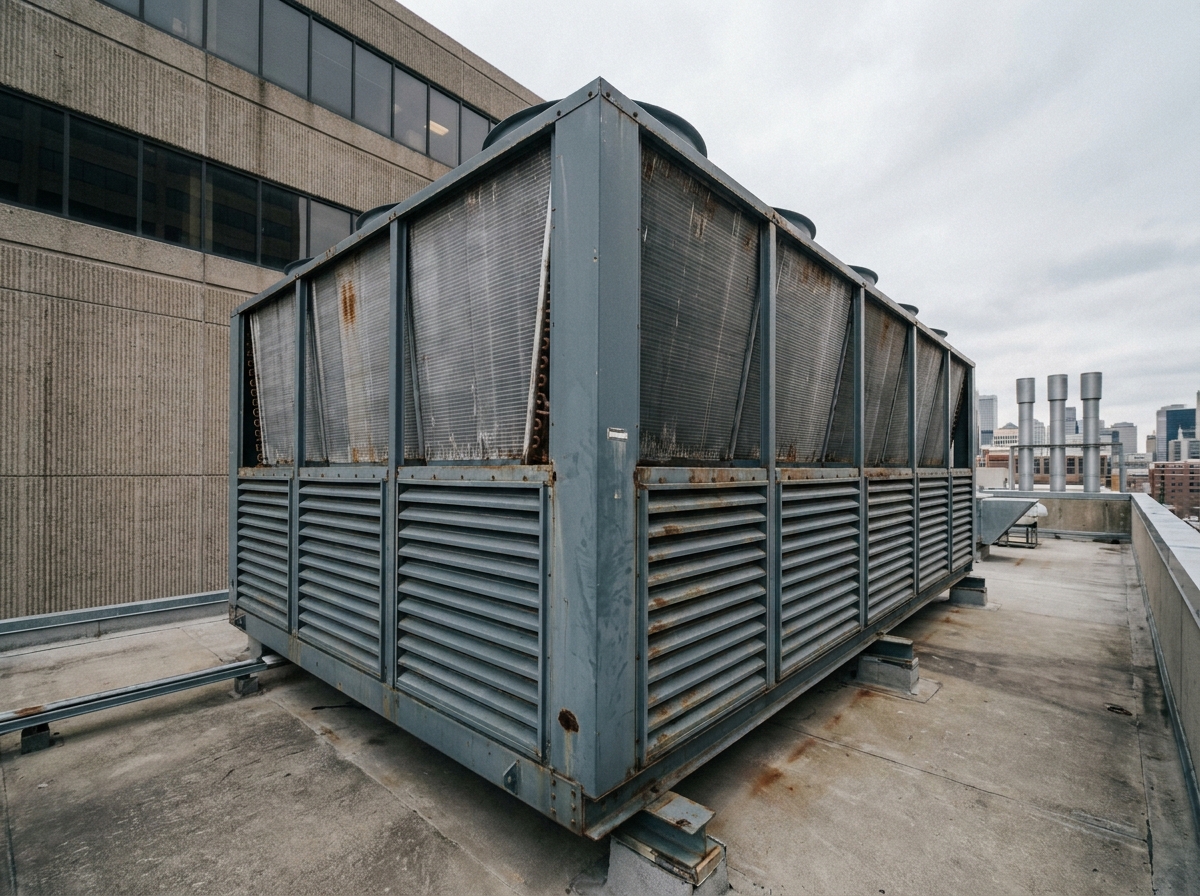Dry cooler industriel installé sur le toit d'un datacenter avec échangeurs thermiques en aluminium