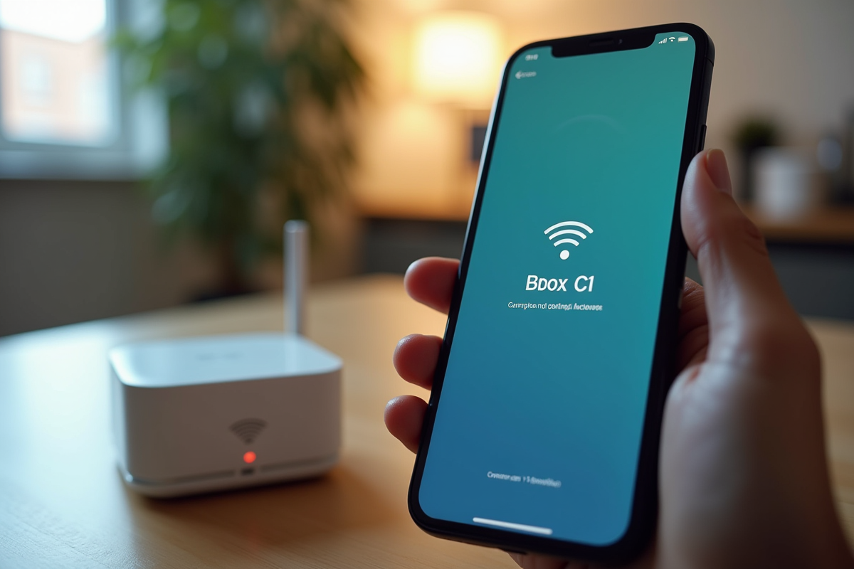 Main tenant un smartphone avec code erreur Bbox C1 sur un bureau