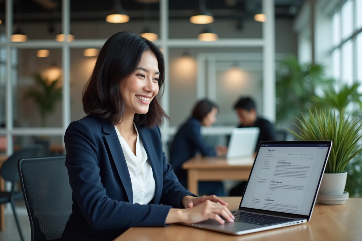 Employée consultant un intranet d'entreprise sur son ordinateur portable dans un bureau moderne en open space