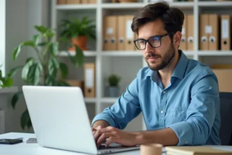 Jeune enseignant en ligne sur son ordinateur dans un bureau lumineux