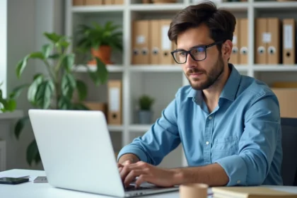 Jeune enseignant en ligne sur son ordinateur dans un bureau lumineux