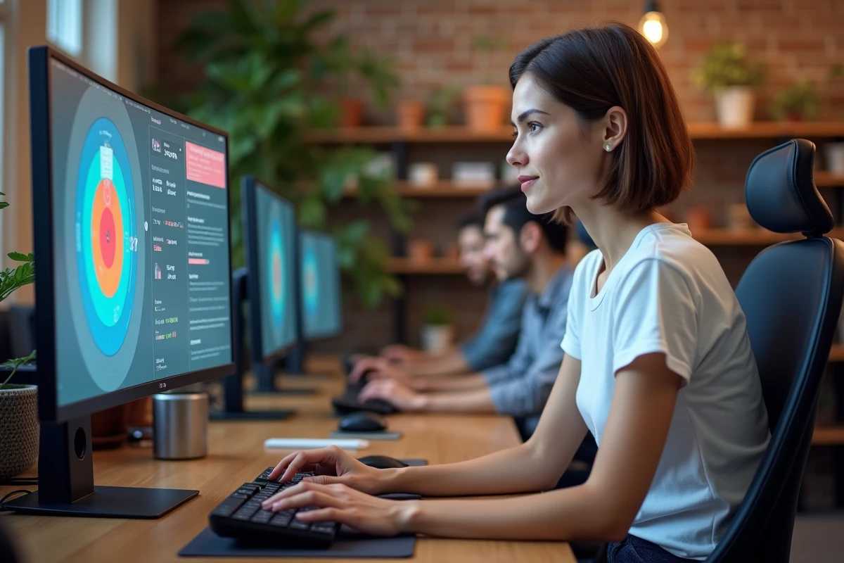 Femme utilisant une application d'entraînement à la précision de clic dans un espace de coworking