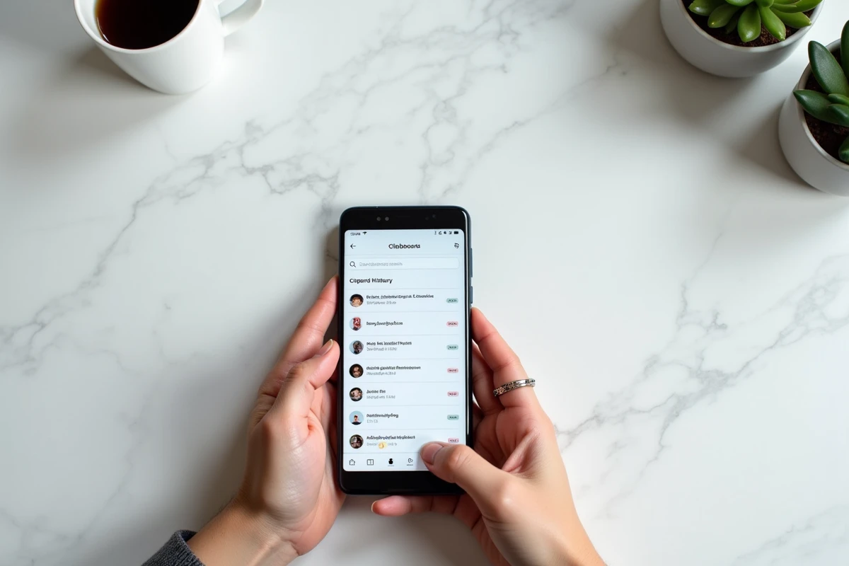 Mains tenant un smartphone Android affichant un historique de presse-papier organisé avec contenus épinglés