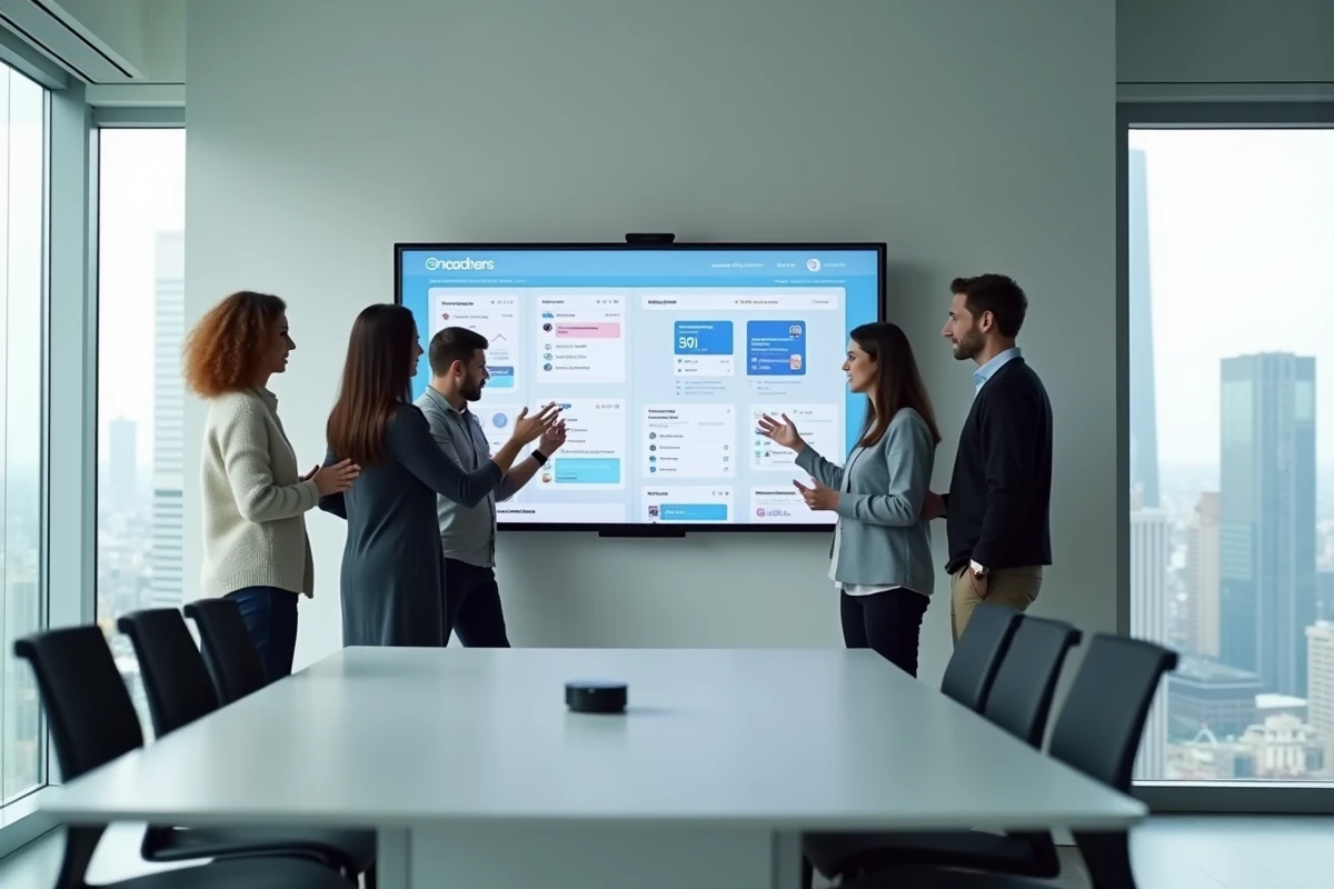 Équipe de collaborateurs discutant autour d'un écran interactif affichant une plateforme intranet en salle de réunion