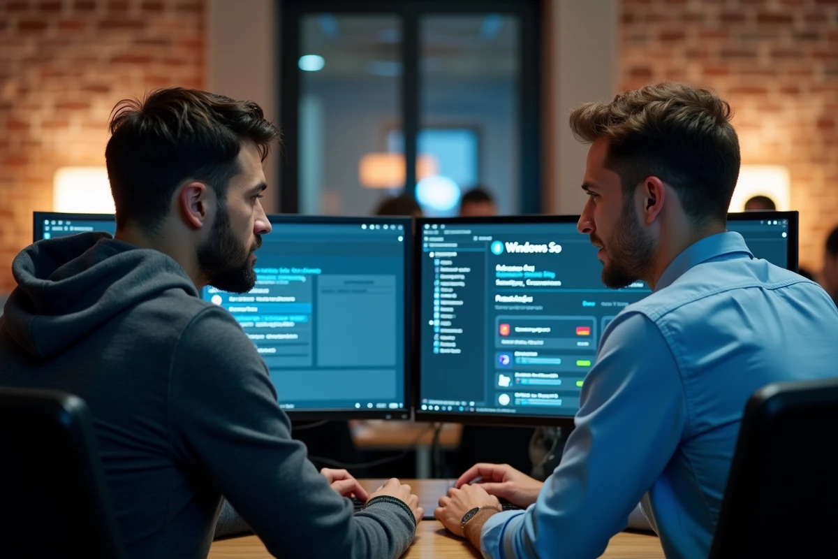 Deux développeurs analysant les paramètres de sécurité Windows sur un poste de travail dans un espace de travail collaboratif