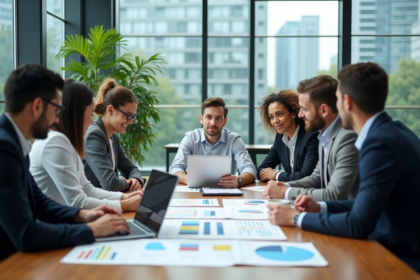 Groupe de professionnels en réunion dans un bureau moderne