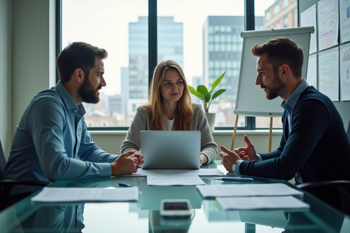 Groupe de développeurs en réunion dans un bureau lumineux