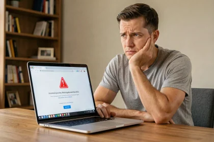 Homme frustré face à une page d'erreur de navigateur sur son ordinateur portable à domicile