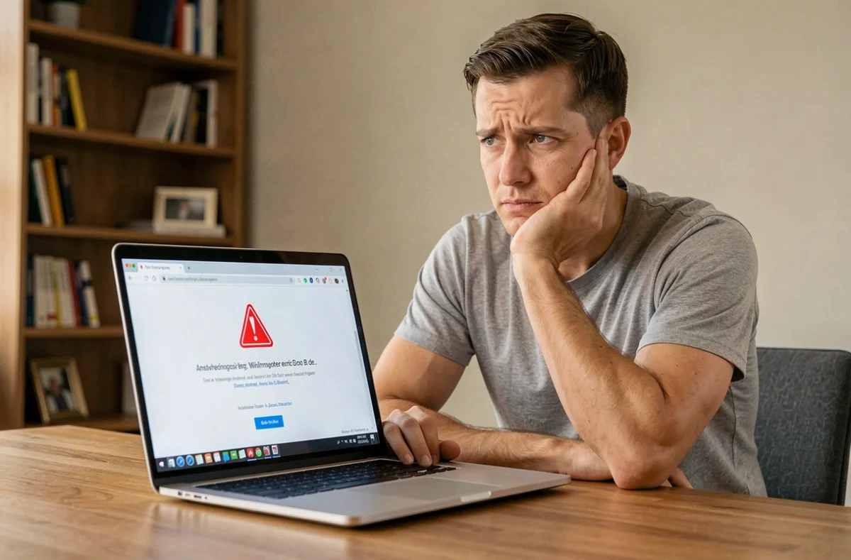 Homme frustré face à une page d'erreur de navigateur sur son ordinateur portable à domicile