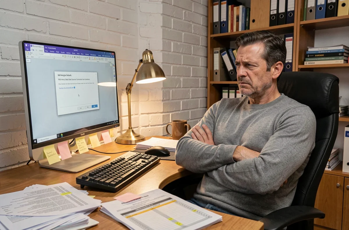 Homme frustré devant un message d'erreur de publipostage Word avec source de données Excel introuvable