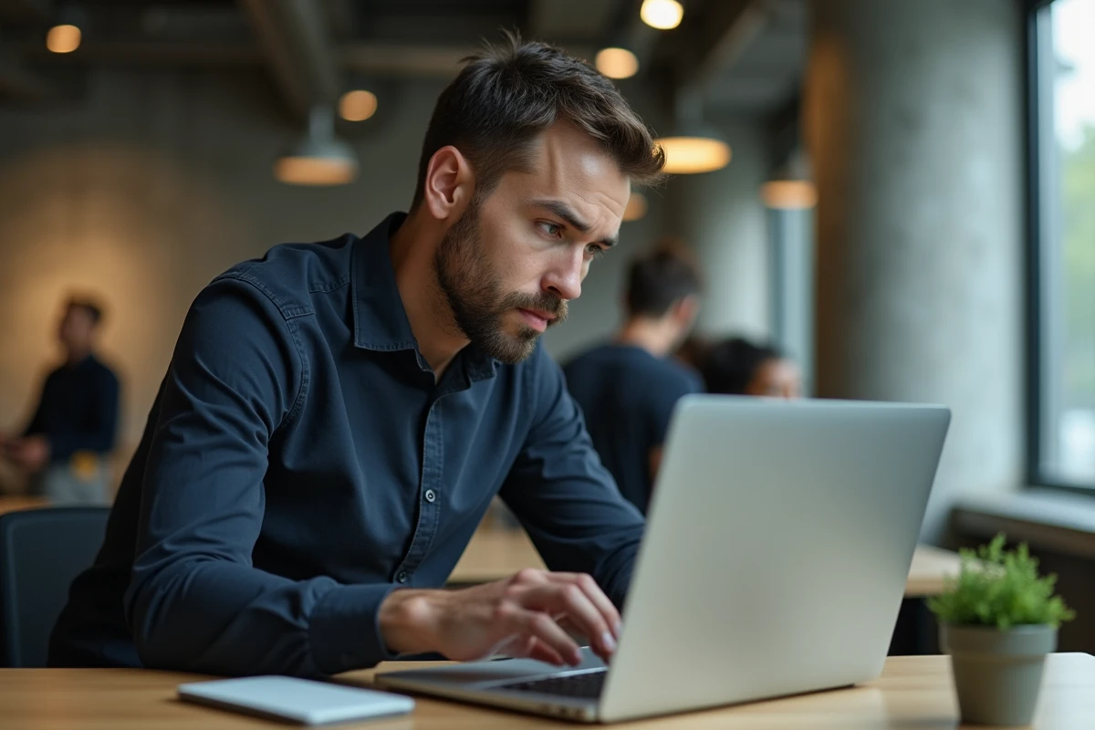 Homme corrigeant une erreur de majuscule avec la touche Shift sur un ordinateur portable en espace de coworking
