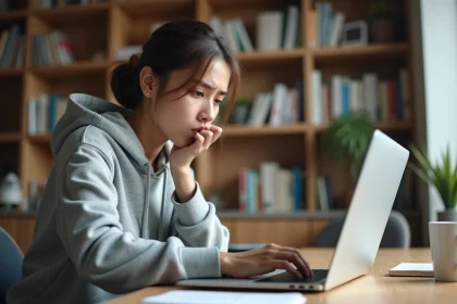 Jeune femme frustrée devant son ordinateur après avoir fait des erreurs courantes lors du téléchargement d'images Zup
