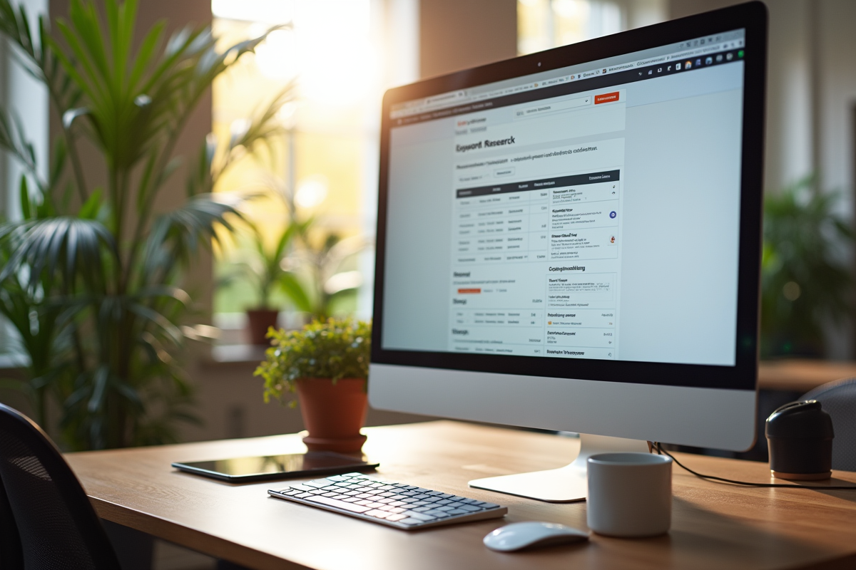 Espace de travail créatif avec un écran affichant un outil de recherche de mots clés