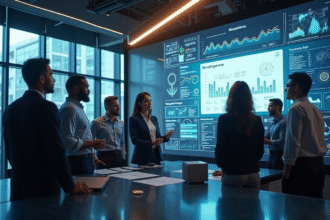 Espace de travail moderne avec équipe autour d un écran digital