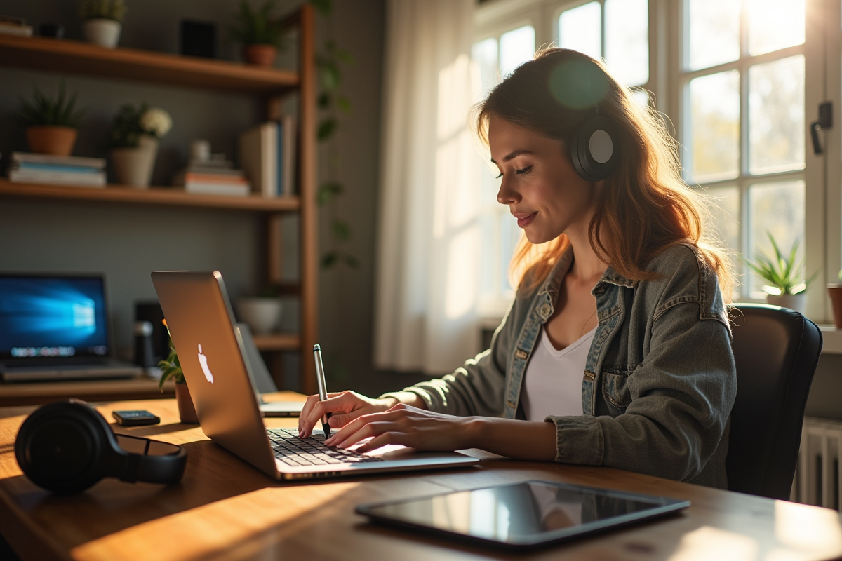 Espace de travail à domicile avec femme utilisant un ordinateur