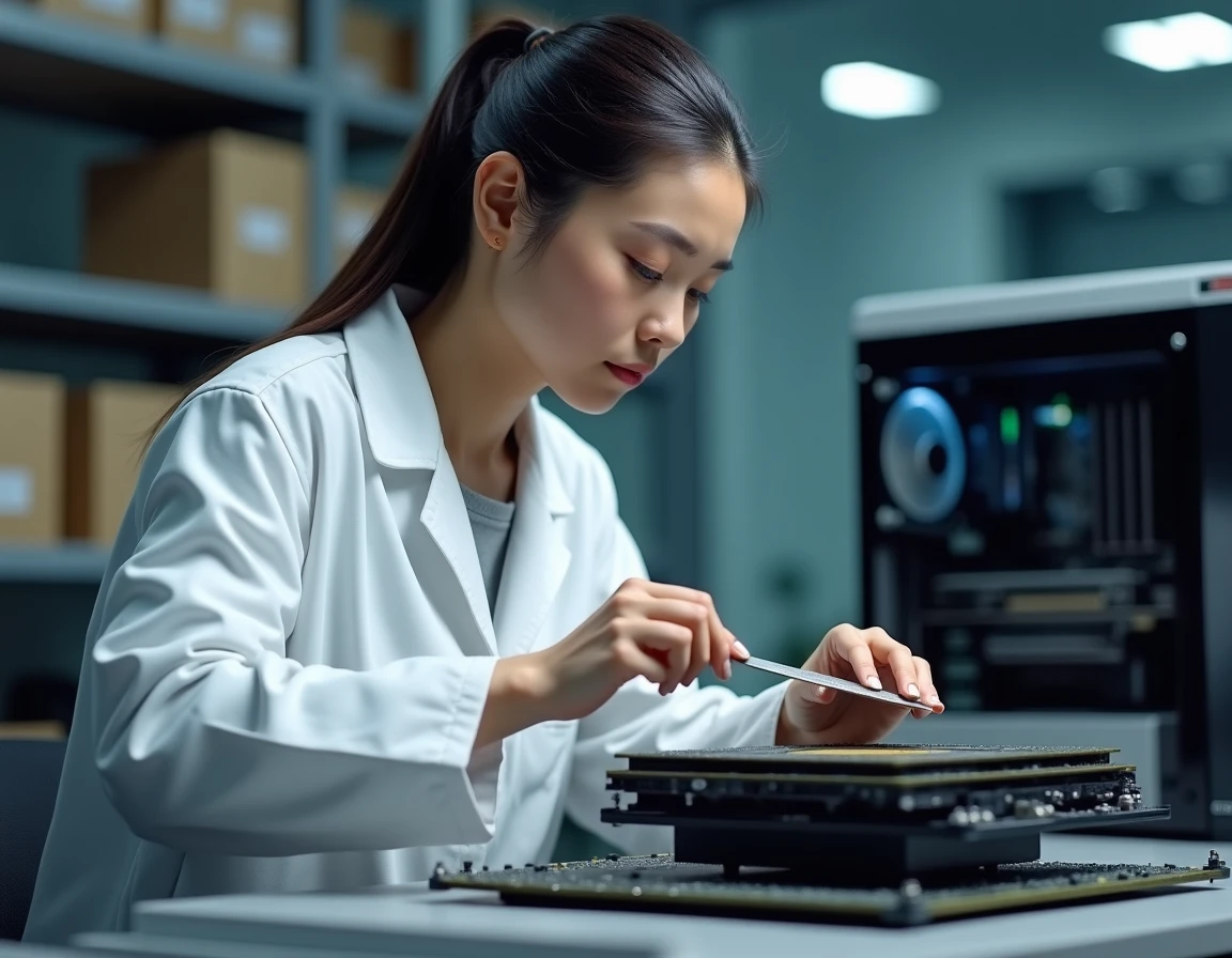 Jeune technicienne étalant uniformément la pâte thermique sur une carte graphique dans un atelier informatique professionnel