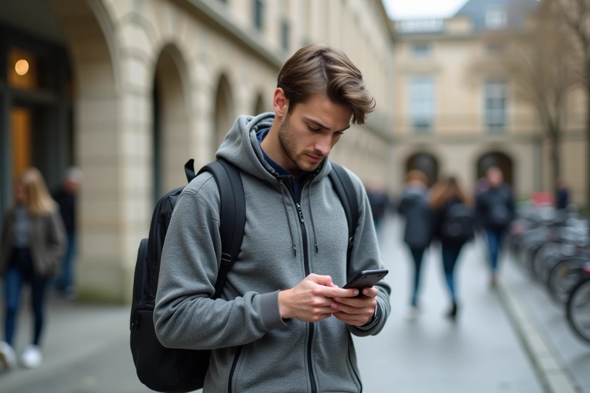 Étudiant consultant son smartphone pour accéder à sa messagerie académique Nantes depuis le campus