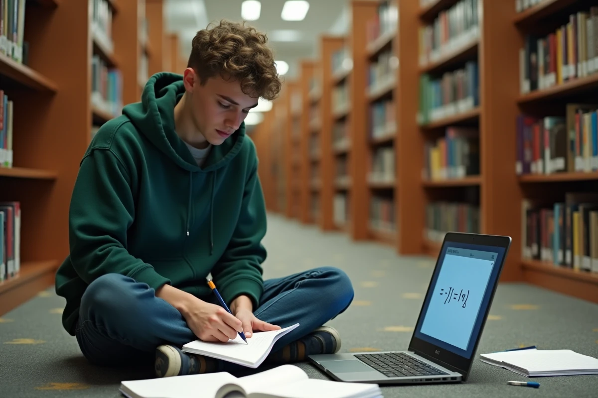Adolescent pratiquant l'écriture du signe supérieur ou égal dans un cahier entouré de manuels de mathématiques à la bibliothèque