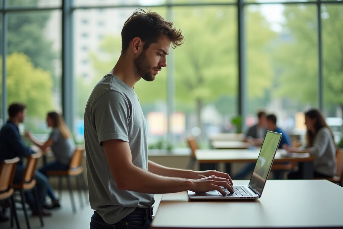 Étudiant comparant des services de messagerie académique sur son laptop dans une cafétéria universitaire