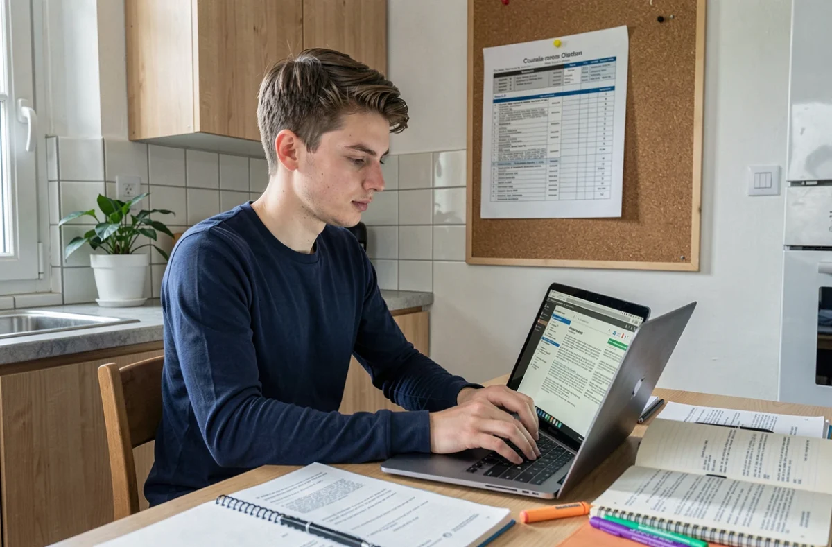 Étudiant masculin suivant ses cours en ligne sur l'ENT UPVD depuis sa cuisine en télétravail