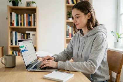Étudiante en télétravail consultant son ENT UPVD sur un ordinateur portable dans un appartement moderne