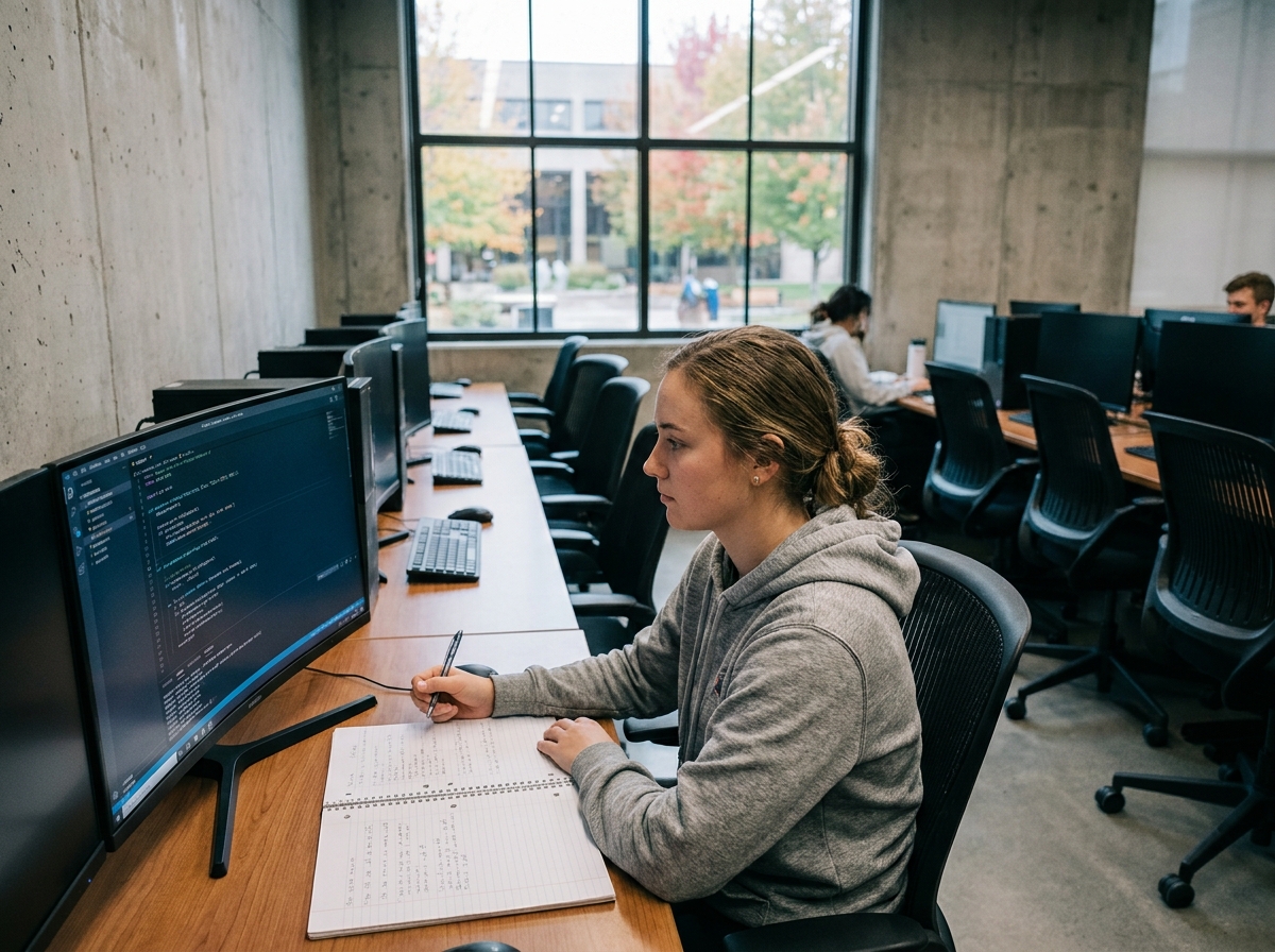 Étudiante en formation développeur IA travaillant sur du code Python dans une salle informatique universitaire
