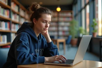 Étudiante consultant sa messagerie universitaire sur un ordinateur portable dans une bibliothèque moderne