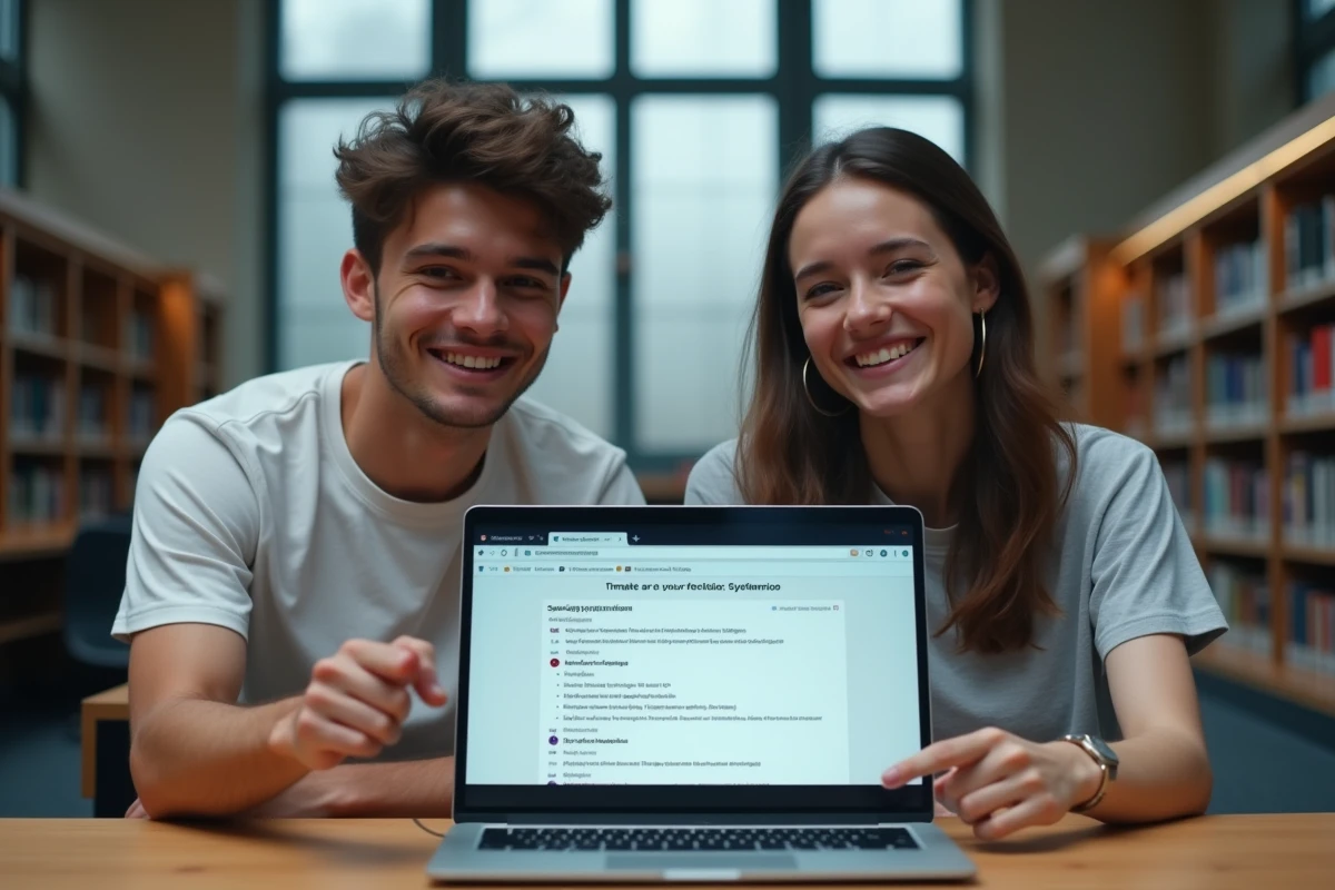Deux étudiants configurant ensemble une adresse mail Versailles sur un ordinateur portable dans une bibliothèque universitaire