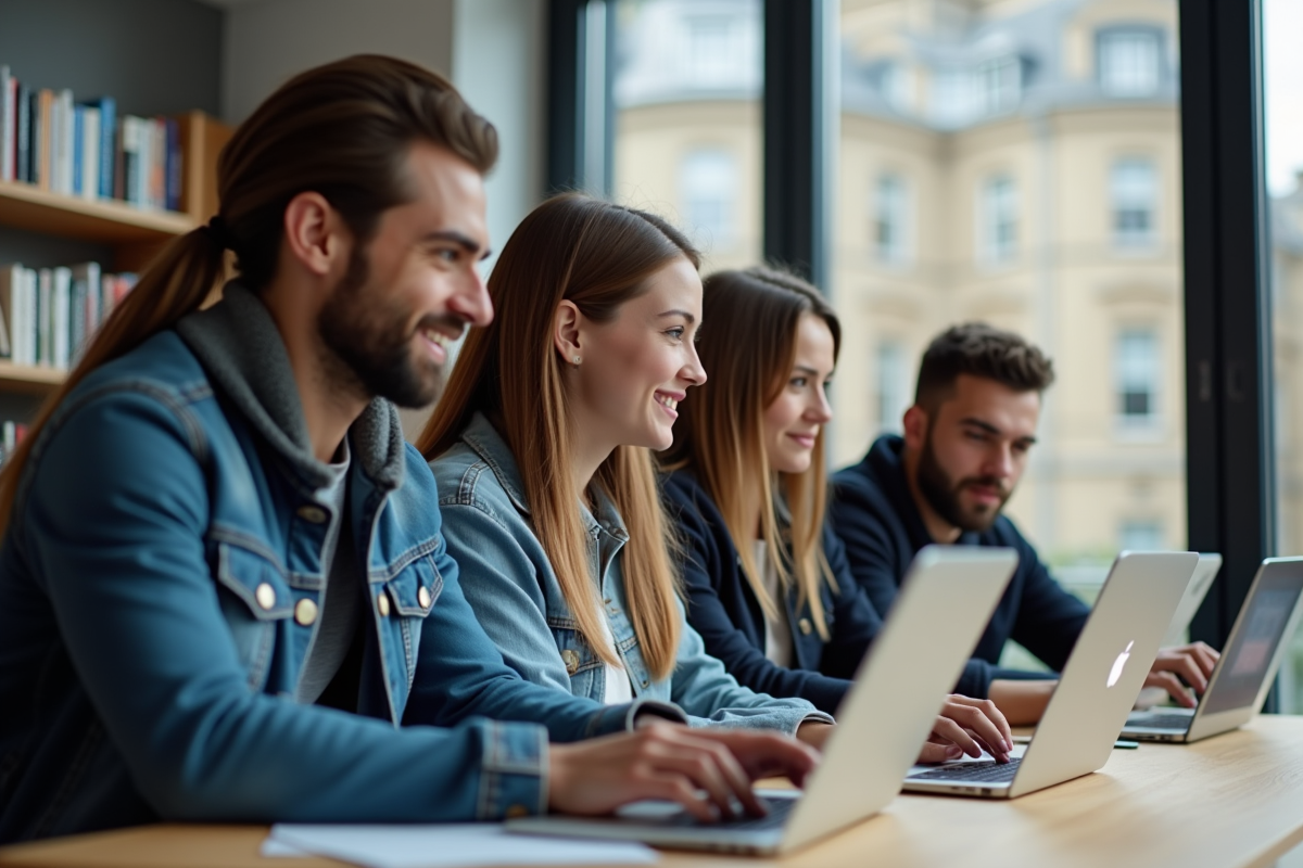 Groupe d'étudiants en formation à Tours devant des laptops