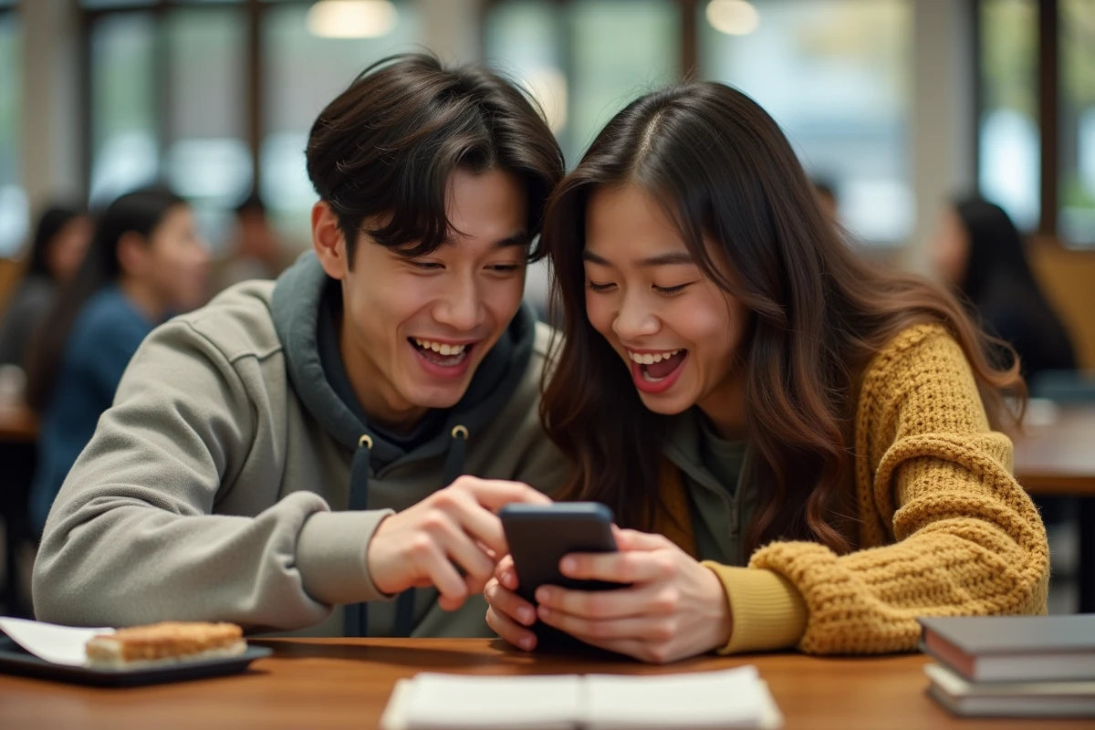 Deux amis étudiants surpris par un message d'erreur sur leur smartphone lors du téléchargement d'une ROM Pokémon GBA en français