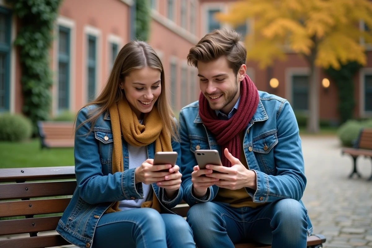 Deux étudiants comparant les applications Zimbra et Gmail sur leurs smartphones dans une cour universitaire