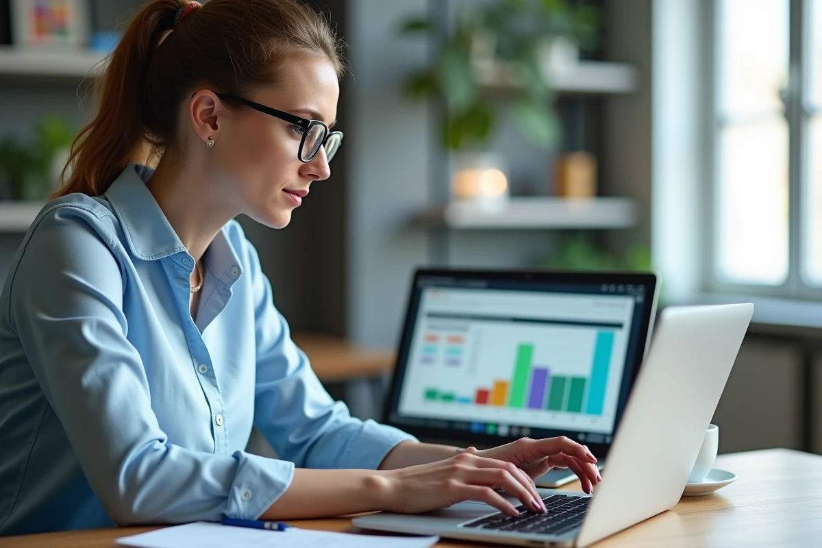 Femme analysant un tableau Excel sur son ordinateur portable