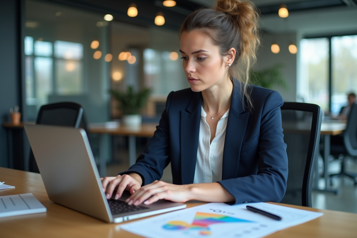 Femme professionnelle analysant un diagramme de funnel sur son ordinateur